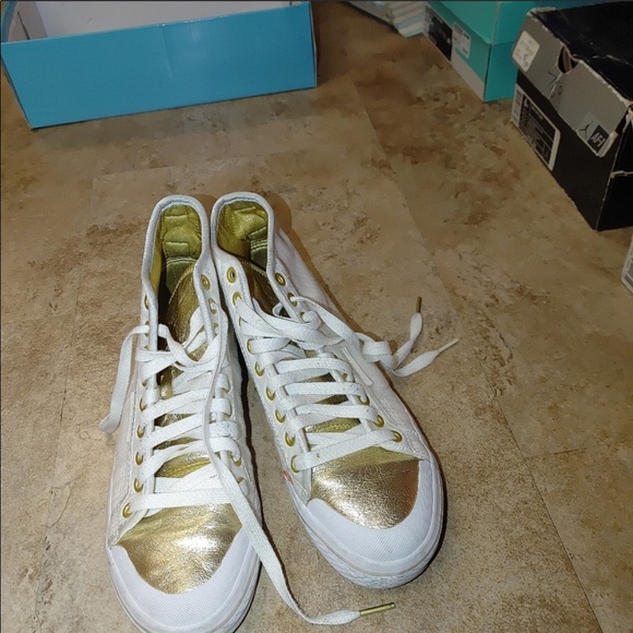 Adidas Honey White & Gold Pinstripe High Tops - Picture 13 of 16